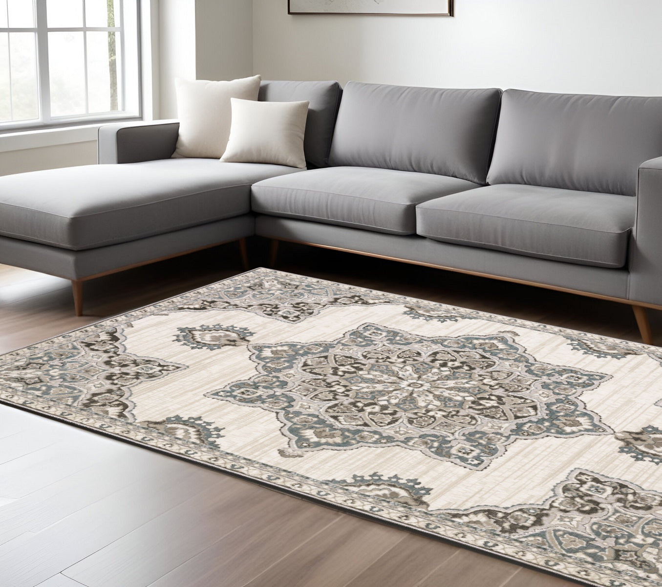 10' X 13' Brown And Blue Medallion Area Rug