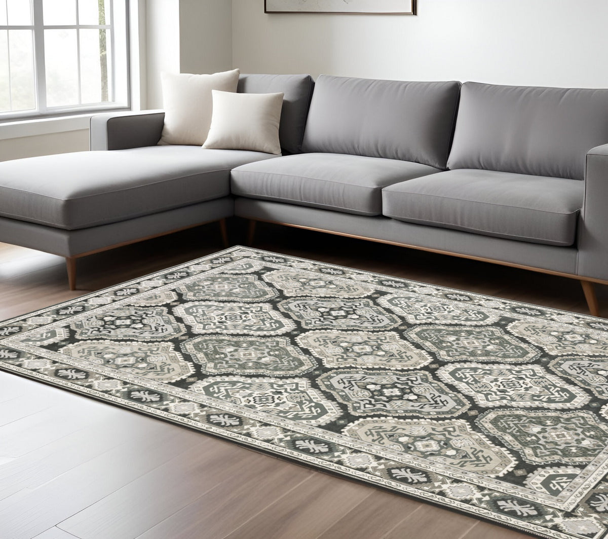 8' X 11' Blue Ivory And Charcoal Medallion Area Rug