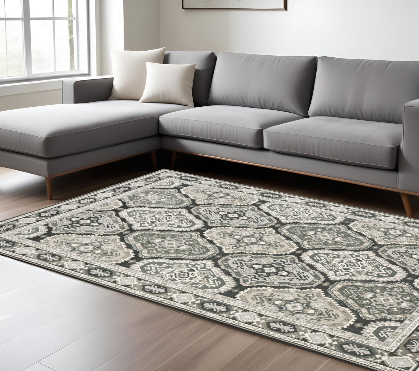 8' X 11' Blue Ivory And Charcoal Medallion Area Rug