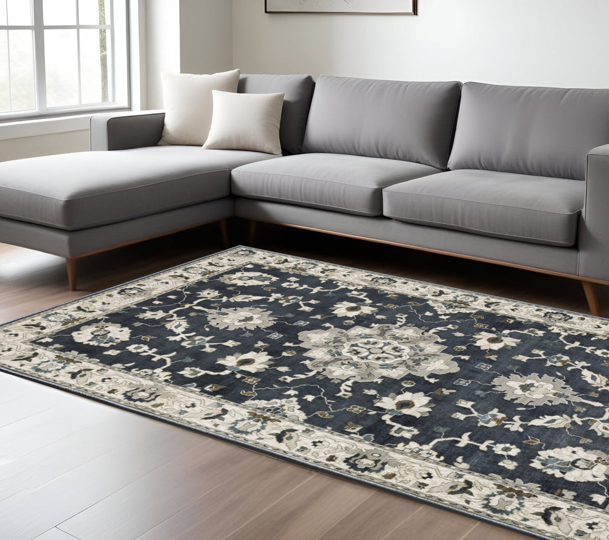 10' X 13' Blue Ivory And Gray Oriental Area Rug