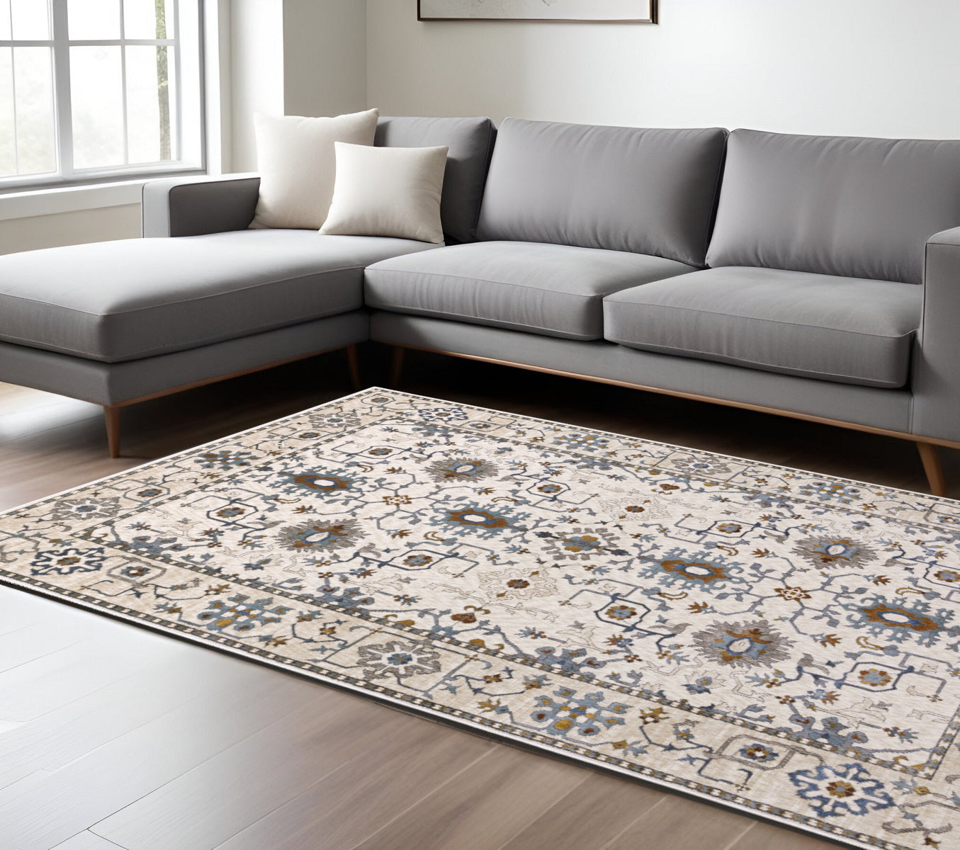 10' X 13' Ivory And Blue Oriental Area Rug