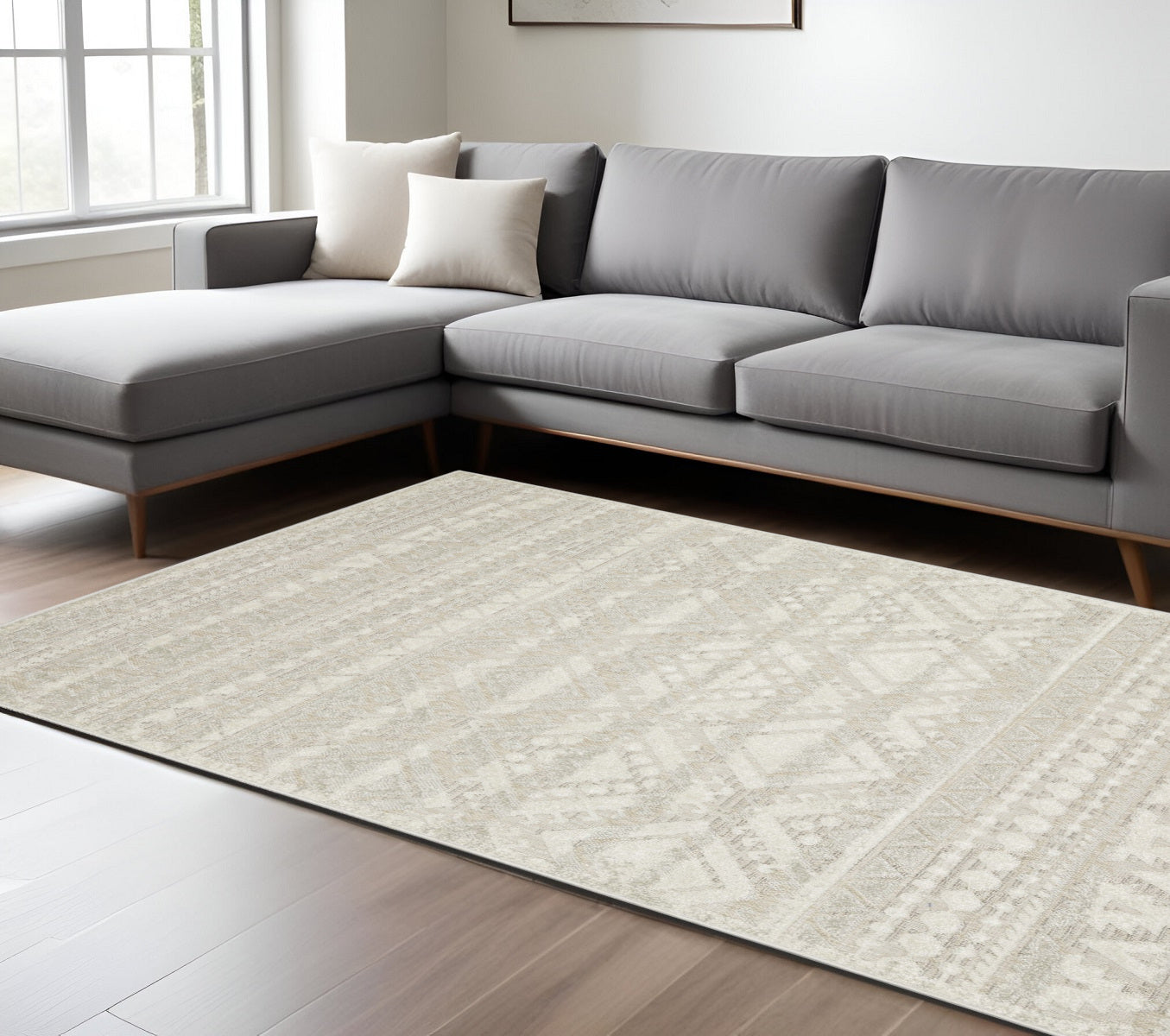 10' X 13' Beige And Ivory Tribal Area Rug