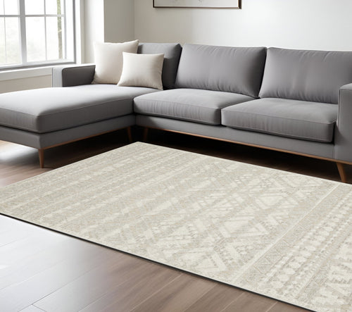 10' X 13' Beige And Ivory Tribal Area Rug