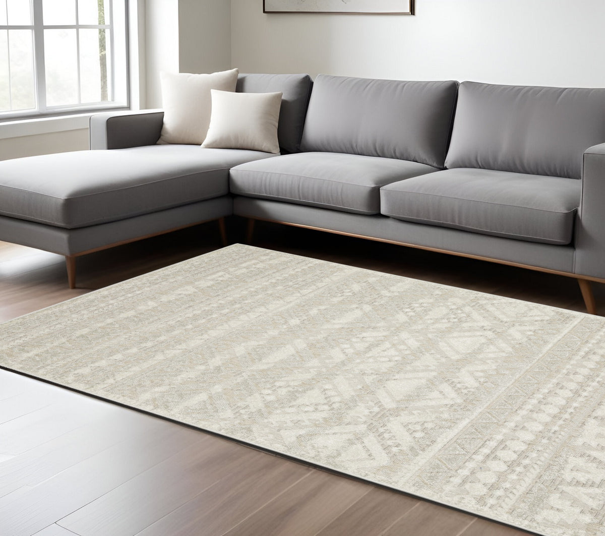 8' X 11' Beige And Ivory Tribal Area Rug