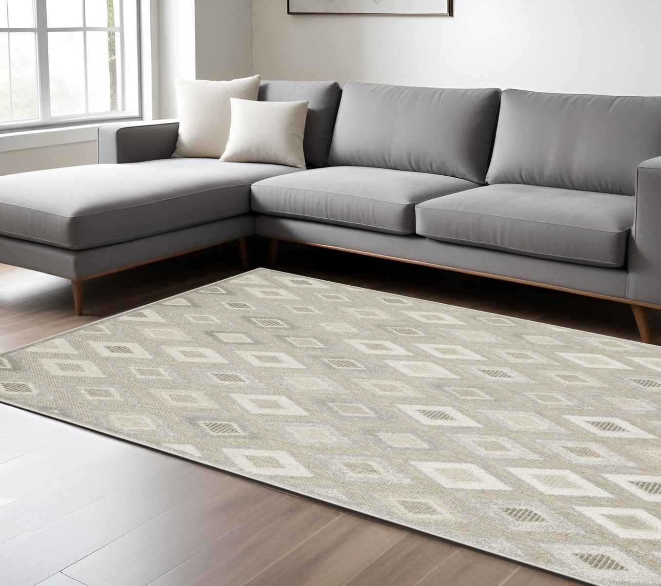 10' X 13' Beige And Gray Diamond Area Rug