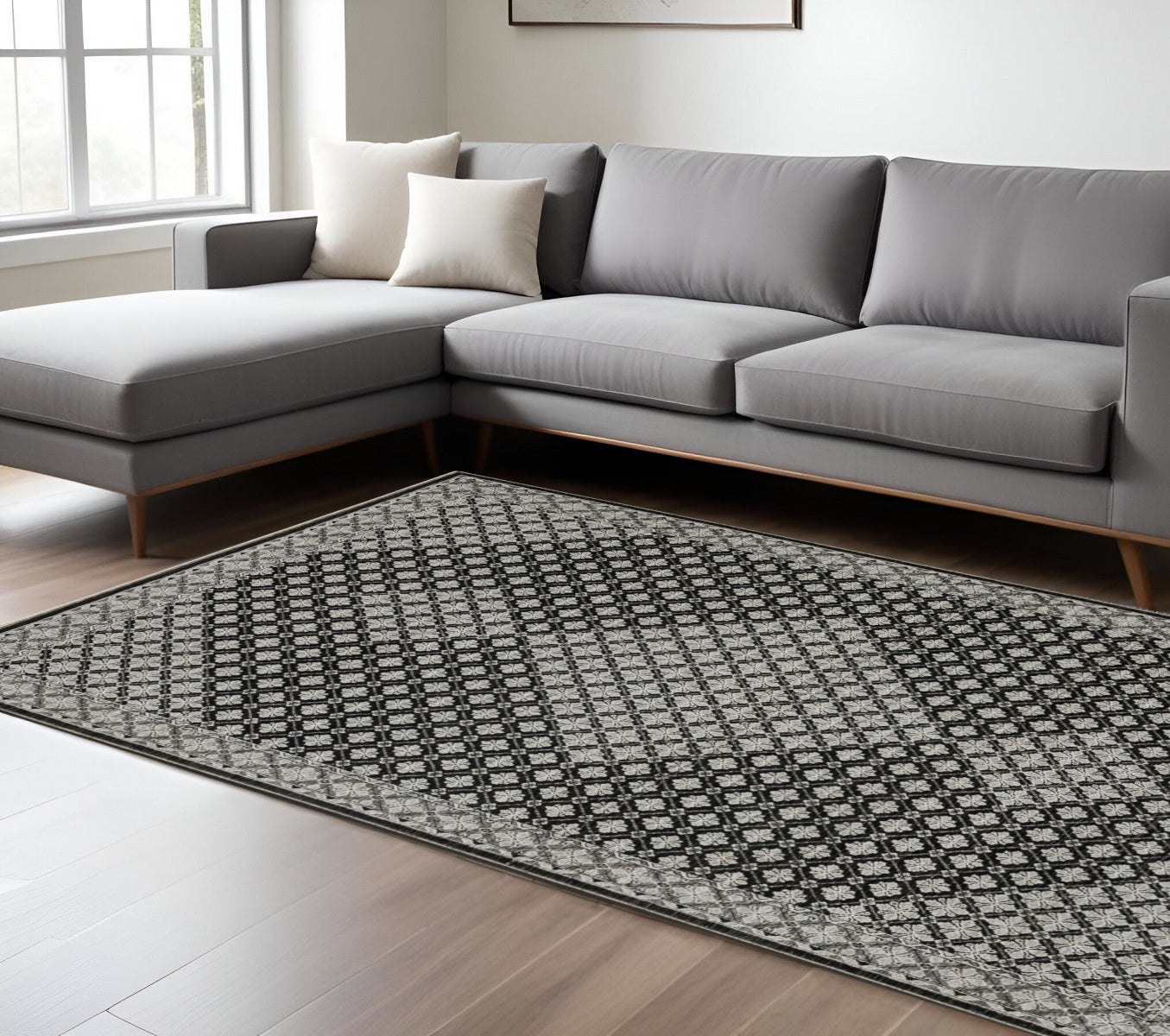 10' X 13' Black And Gray Diamond Area Rug With Fringe