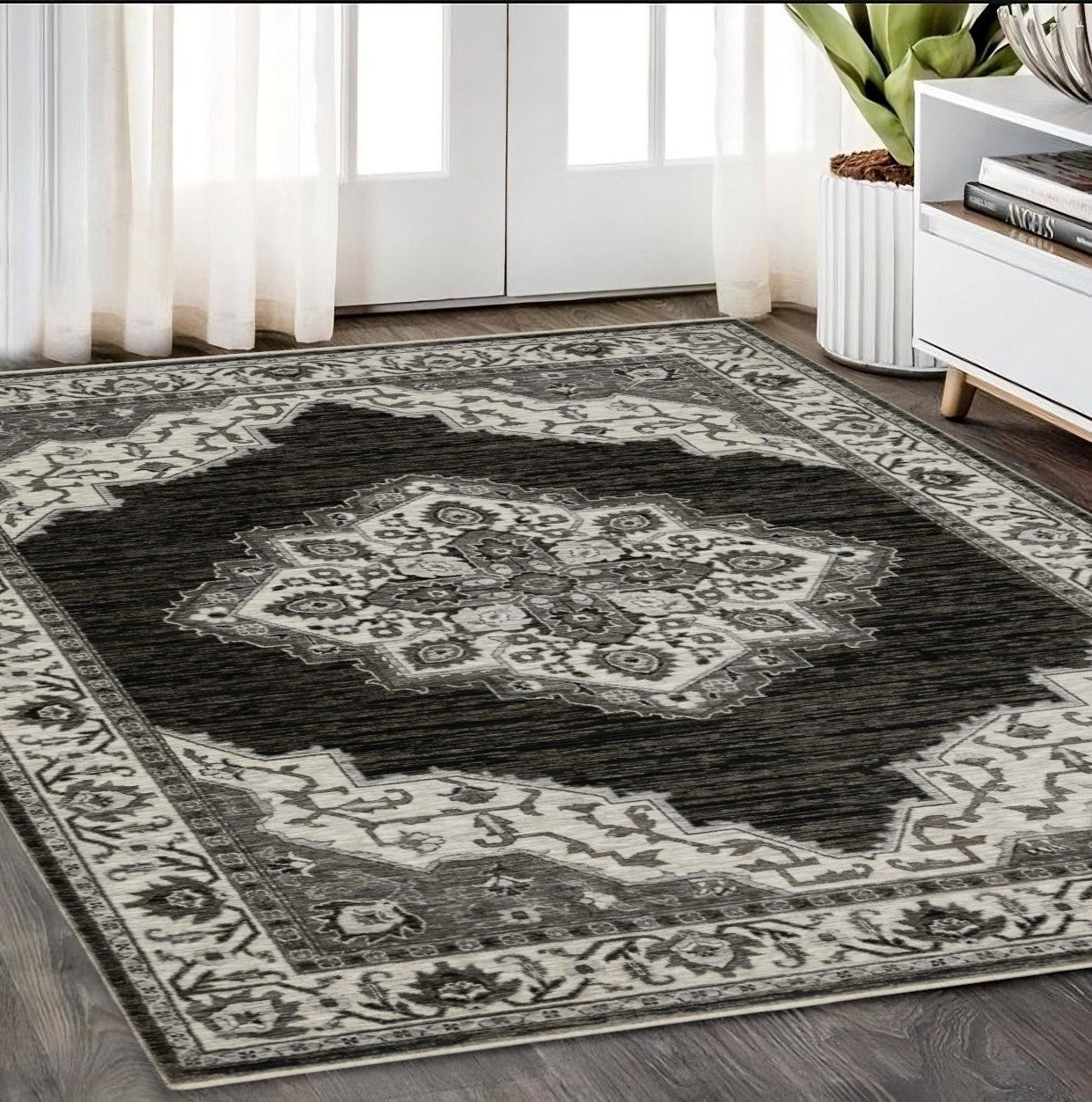 5' X 8' Charcoal And Ivory Medallion Area Rug With Fringe