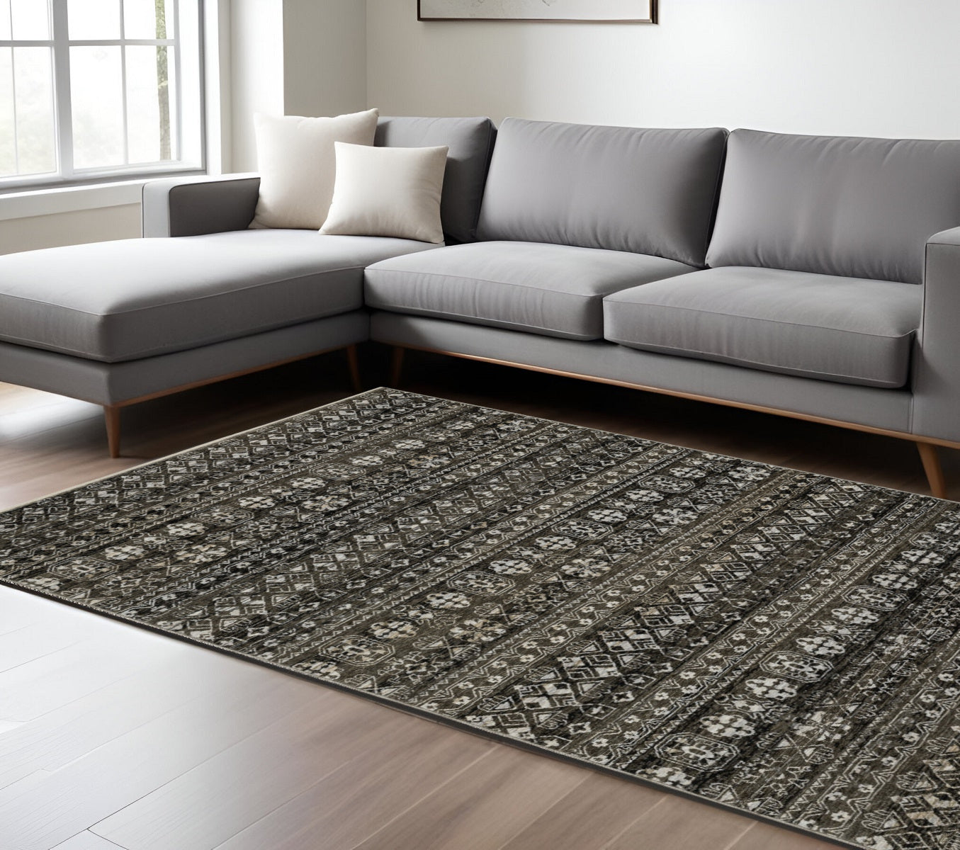 10' X 13' Black And Gray Tribal Area Rug With Fringe