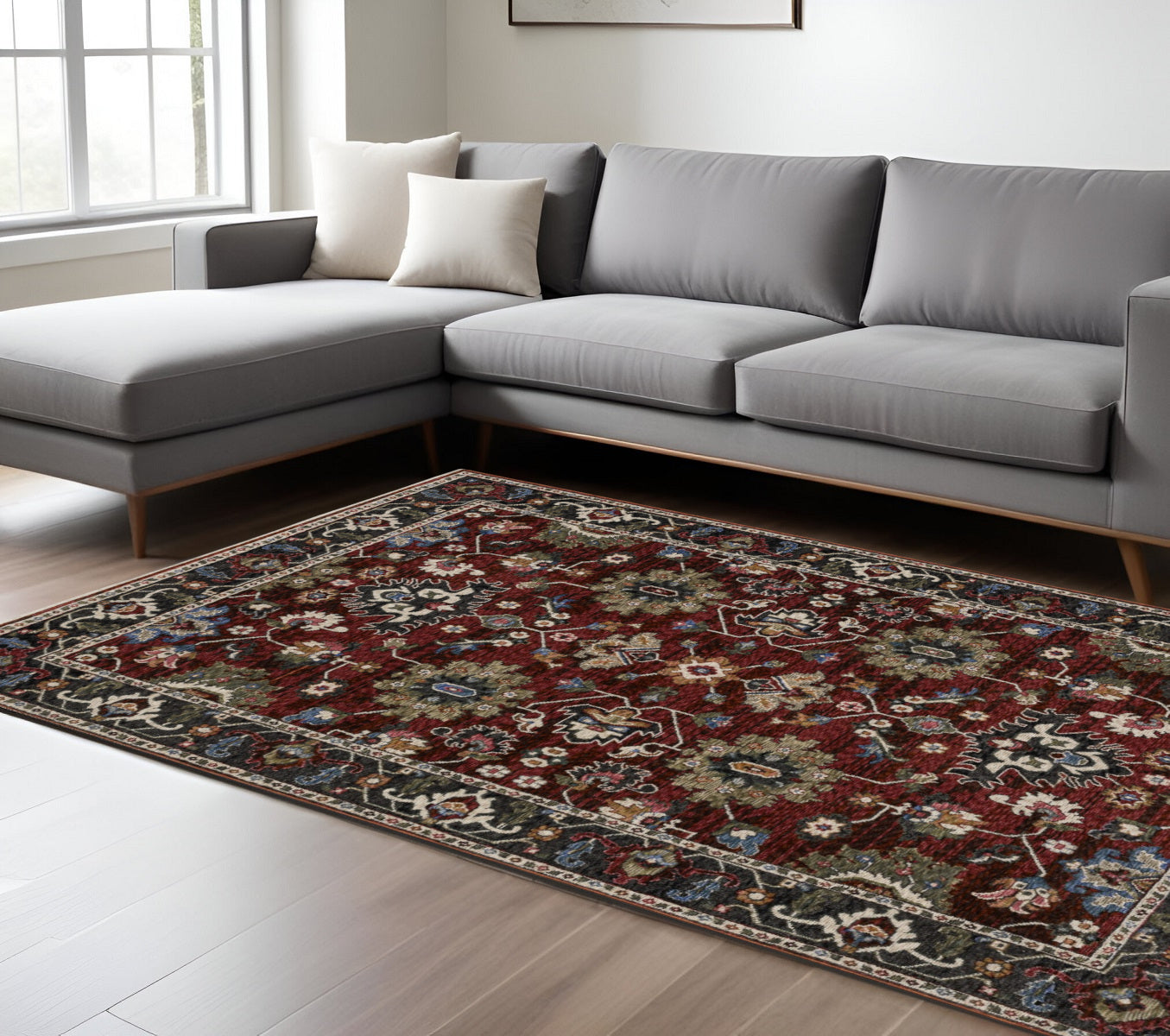 10' X 13' Red Blue And Charcoal Oriental Area Rug With Fringe