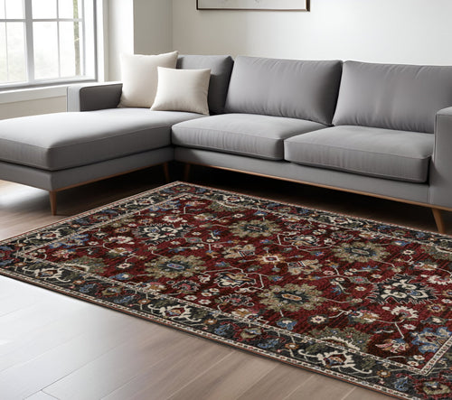 10' X 13' Red Blue And Charcoal Oriental Area Rug With Fringe