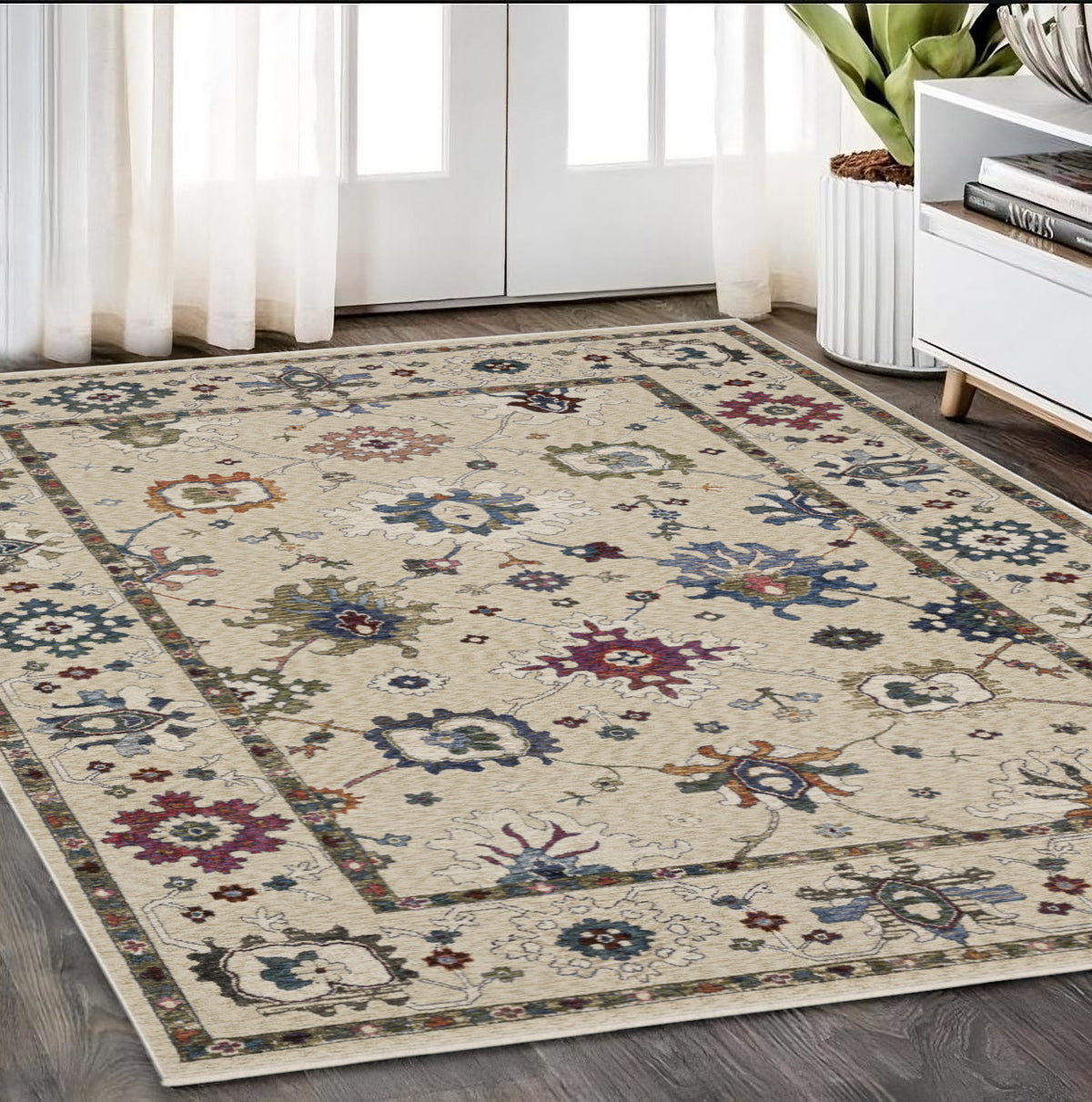 5' X 8' Ivory Blue And Gray Floral Area Rug With Fringe
