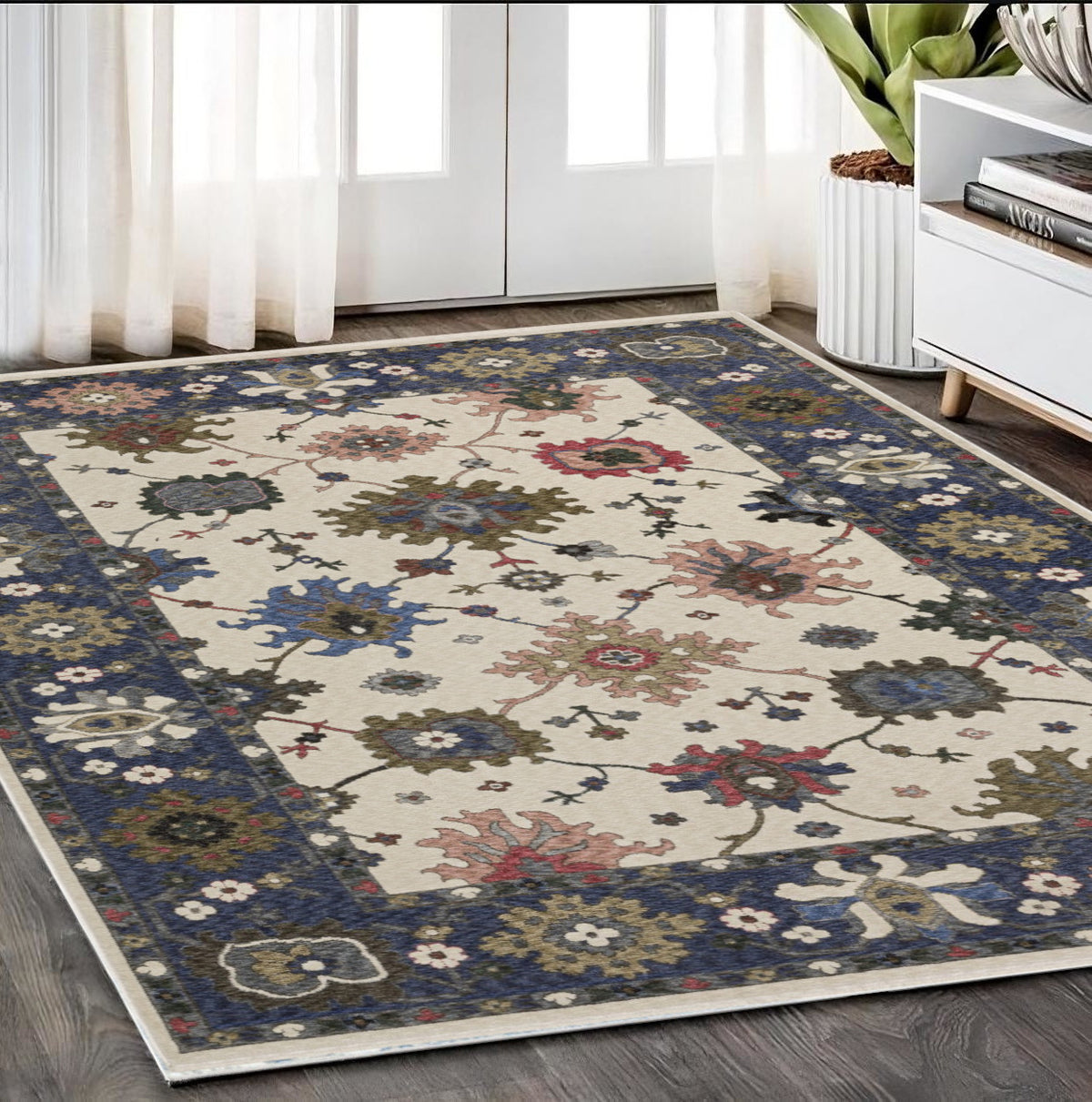 5' X 8' Blue And Ivory Floral Area Rug With Fringe
