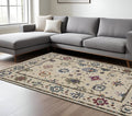 8' X 11' Ivory Blue And Light Brown Floral Area Rug With Fringe