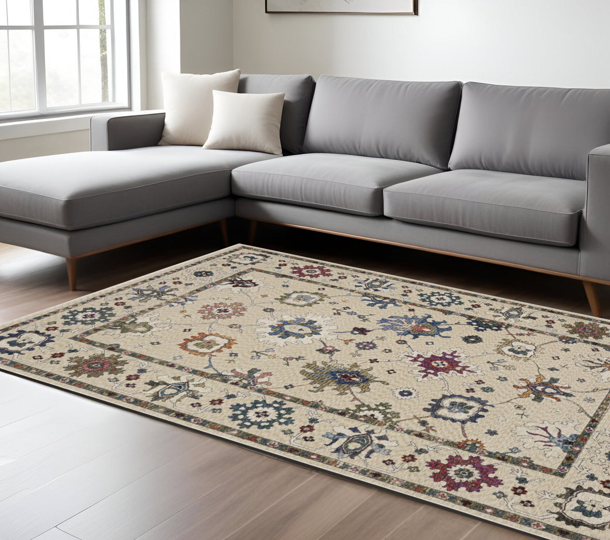 8' X 11' Ivory Blue And Light Brown Floral Area Rug With Fringe