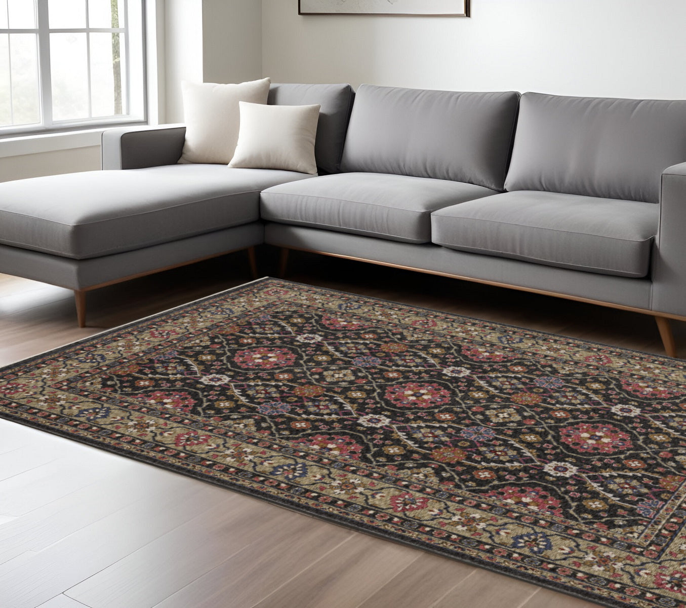 10' X 13' Charcoal And Pink Oriental Area Rug With Fringe