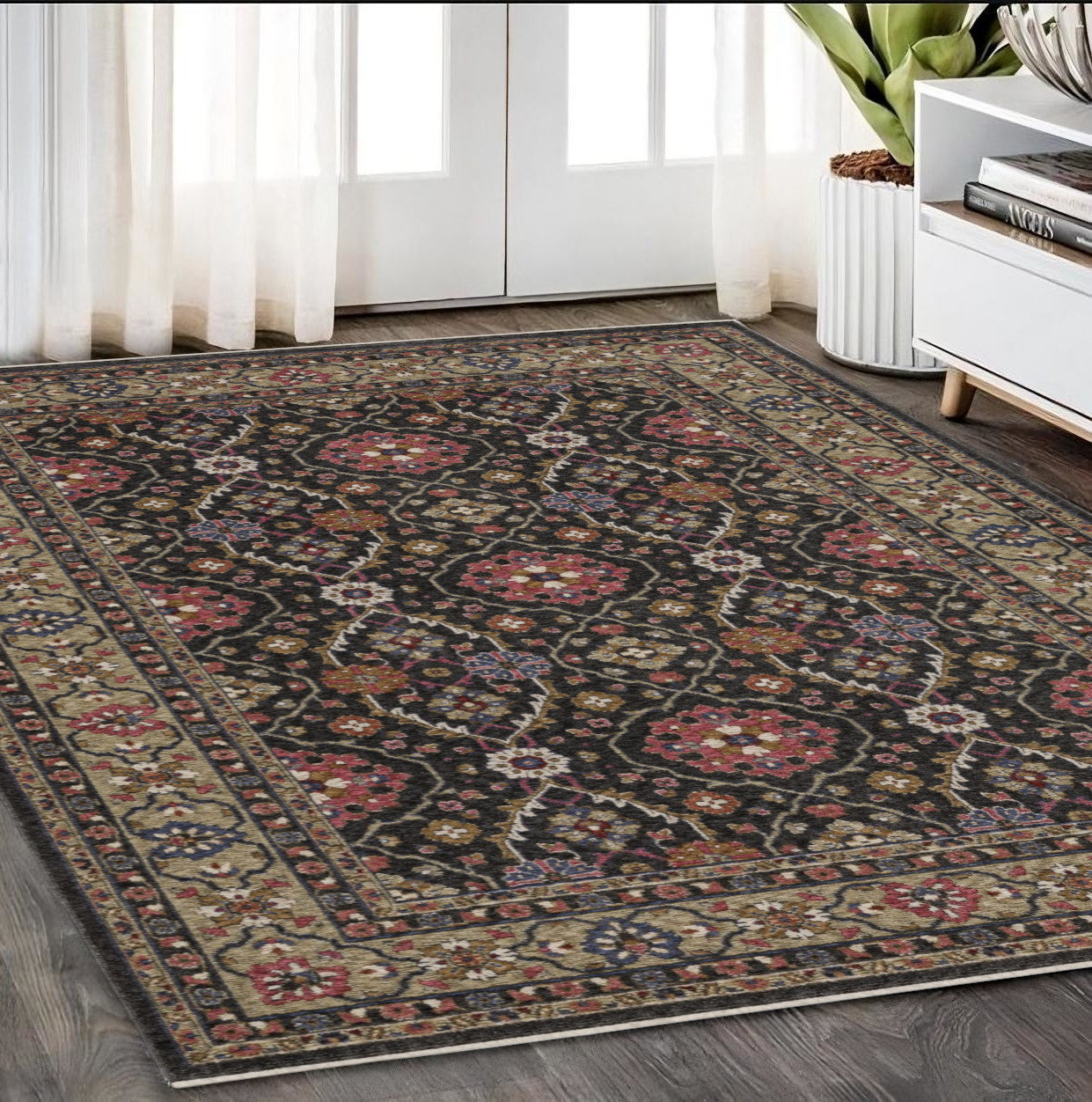 5' X 8' Charcoal And Pink Oriental Area Rug With Fringe