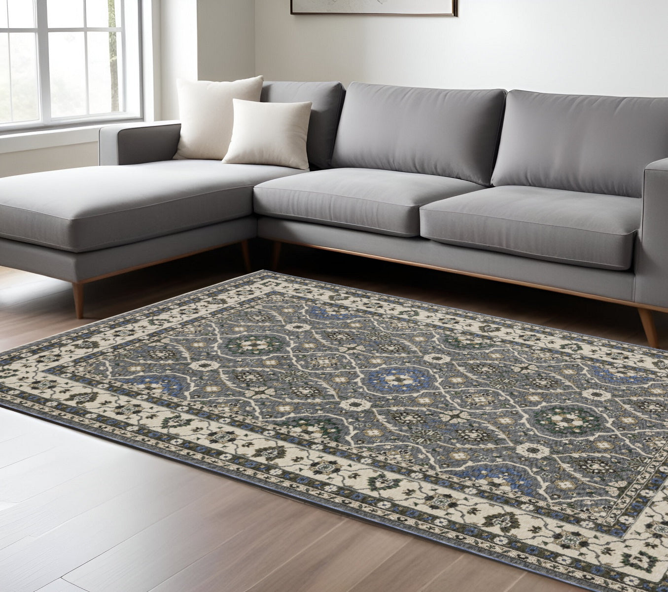 10' X 13' Blue And Gray Oriental Area Rug With Fringe