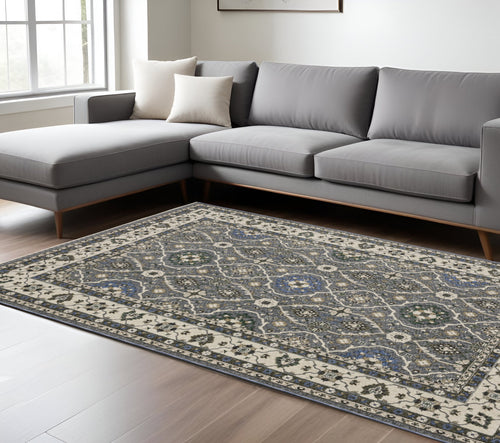 10' X 13' Blue And Gray Oriental Area Rug With Fringe