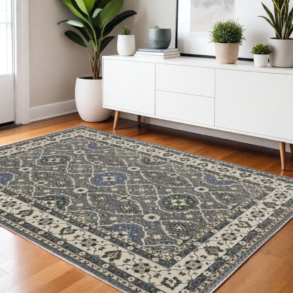 4' X 6' Blue And Gray Oriental Area Rug With Fringe