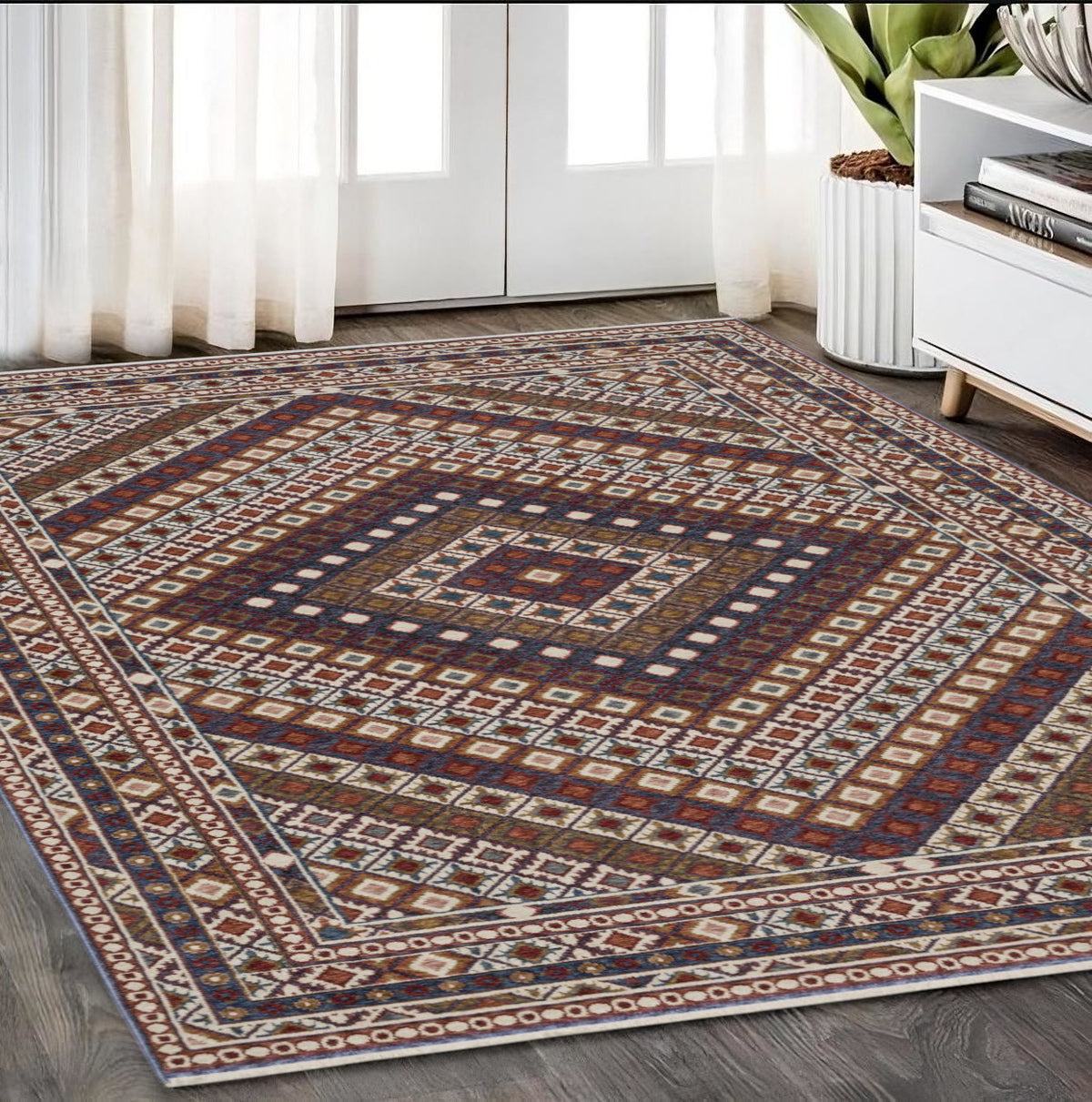 5' X 8' Ivory Red And Tan Diamond Area Rug With Fringe