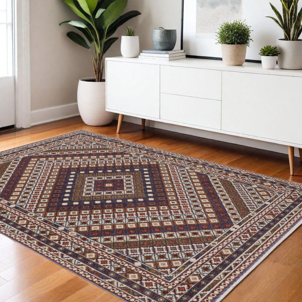 4' X 6' Ivory Red And Tan Diamond Area Rug With Fringe