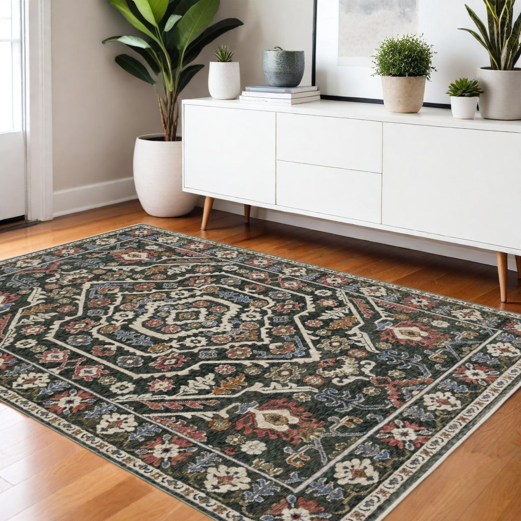 4' X 6' Green And Pink Floral Area Rug With Fringe