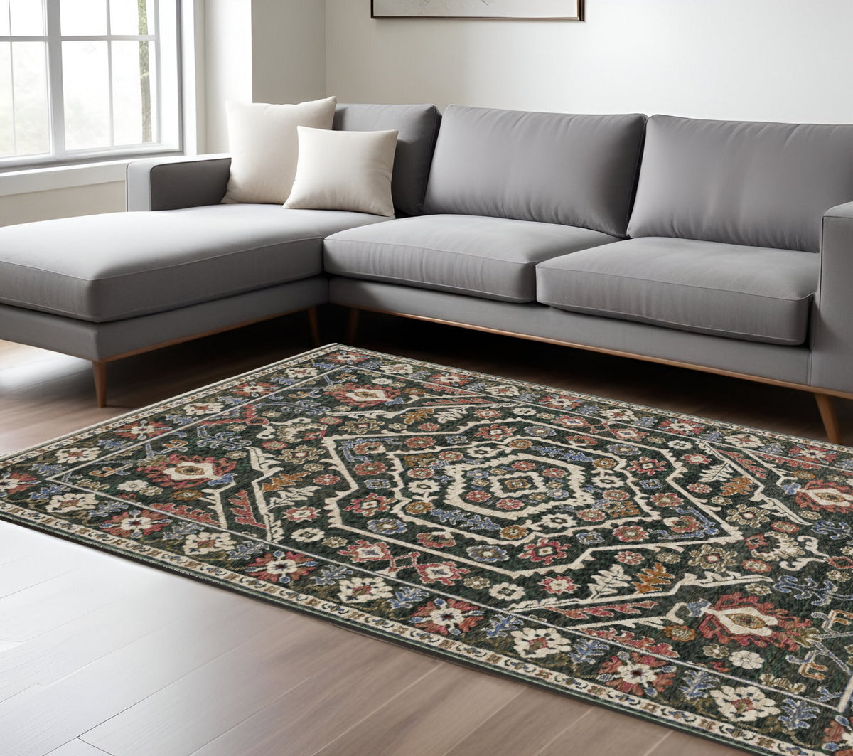 8' X 11' Green And Pink Floral Area Rug With Fringe