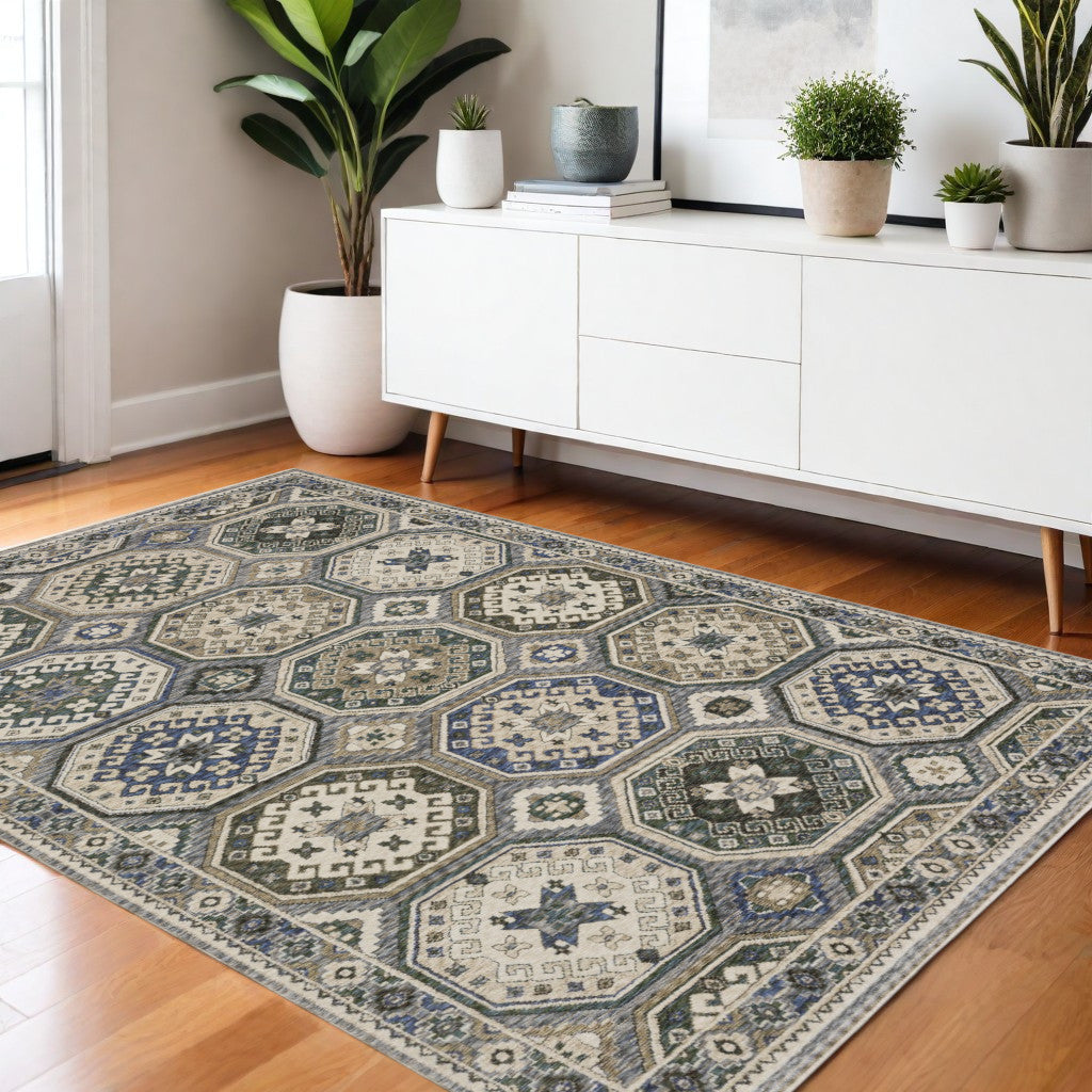4' X 6' Ivory And Blue Medallion Area Rug With Fringe