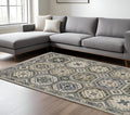 7' X 10' Ivory And Blue Medallion Area Rug With Fringe