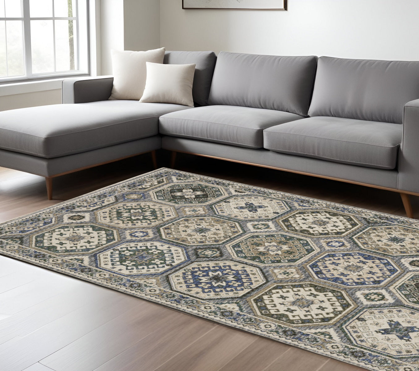 7' X 10' Ivory And Blue Medallion Area Rug With Fringe