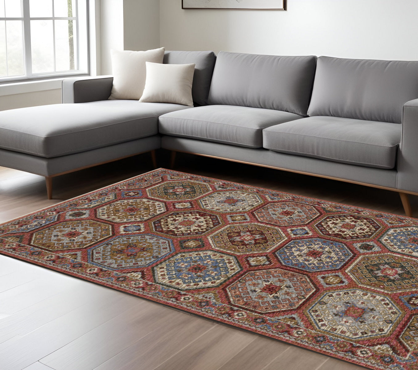10' X 13' Pink And Red Medallion Area Rug With Fringe