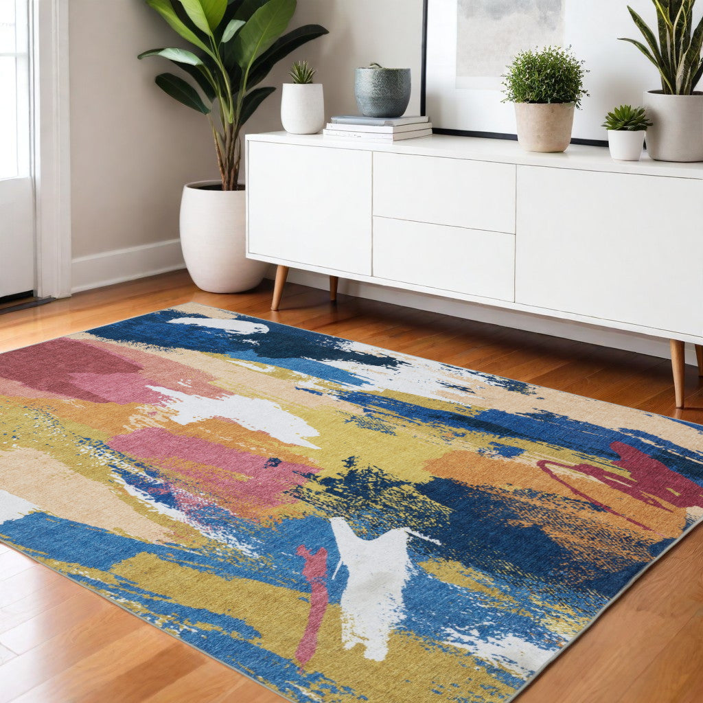 4' X 6' Blue And Gold Abstract Distressed Area Rug