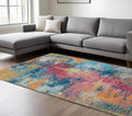 8' X 10' Blue Yellow And Red Abstract Distressed Area Rug
