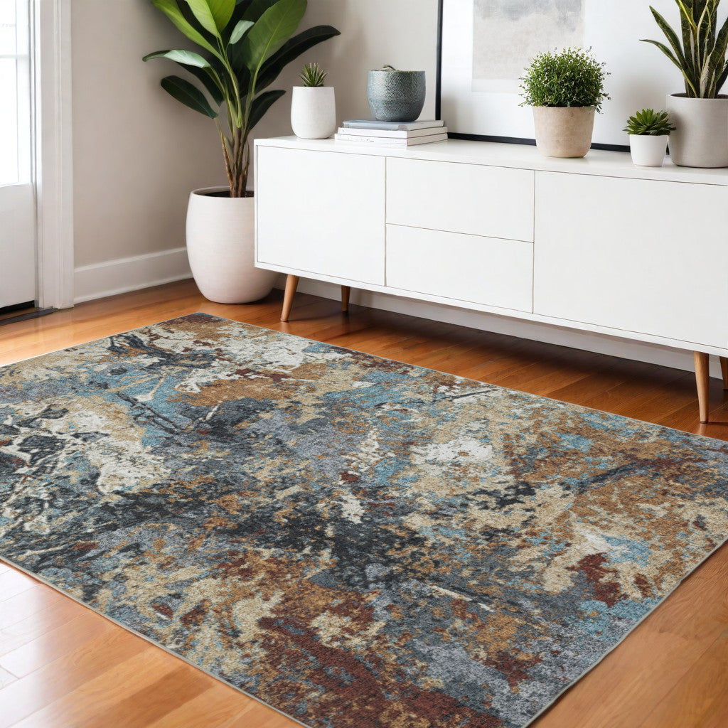 4' X 6' Blue And Rust Abstract Distressed Area Rug