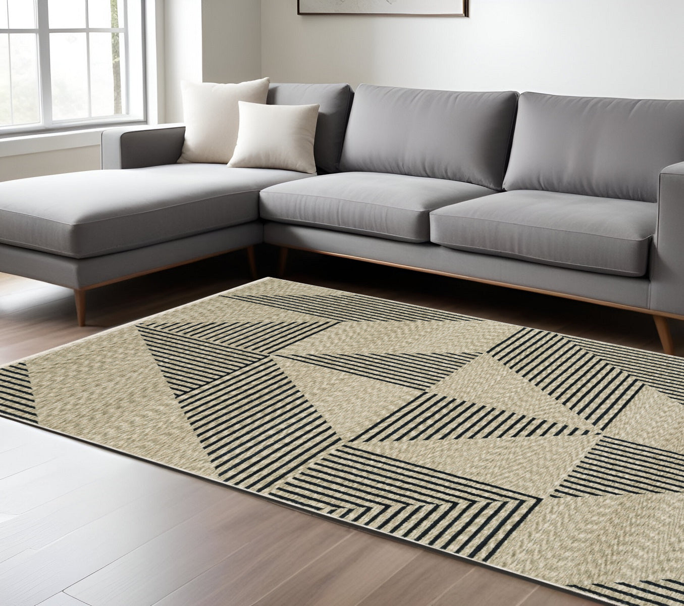 8' X 11' Beige Geometric Area Rug With Fringe