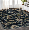5' X 8' Dark Blue Tan And Green Oriental Area Rug With Fringe