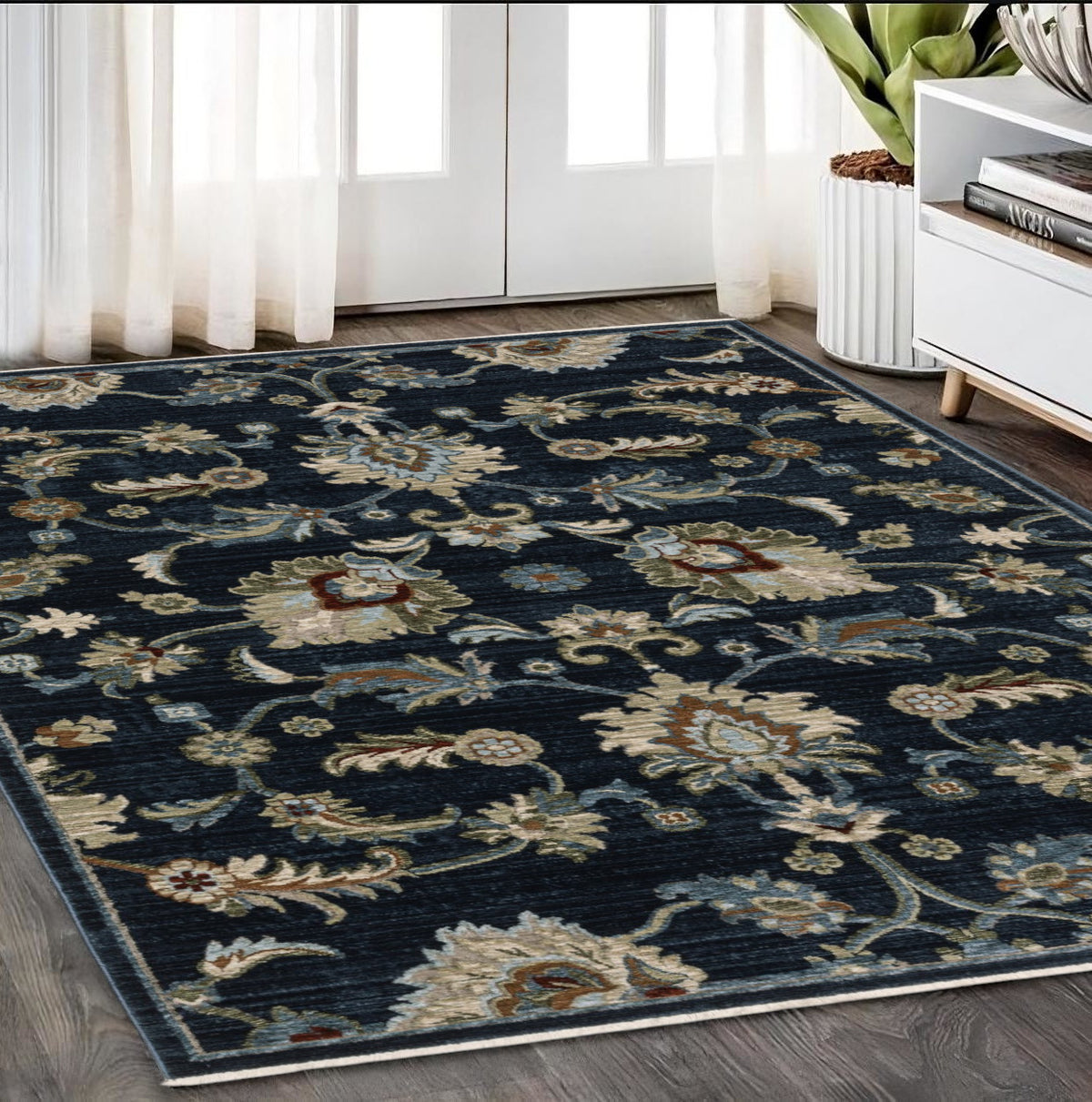 5' X 8' Dark Blue Tan And Green Oriental Area Rug With Fringe