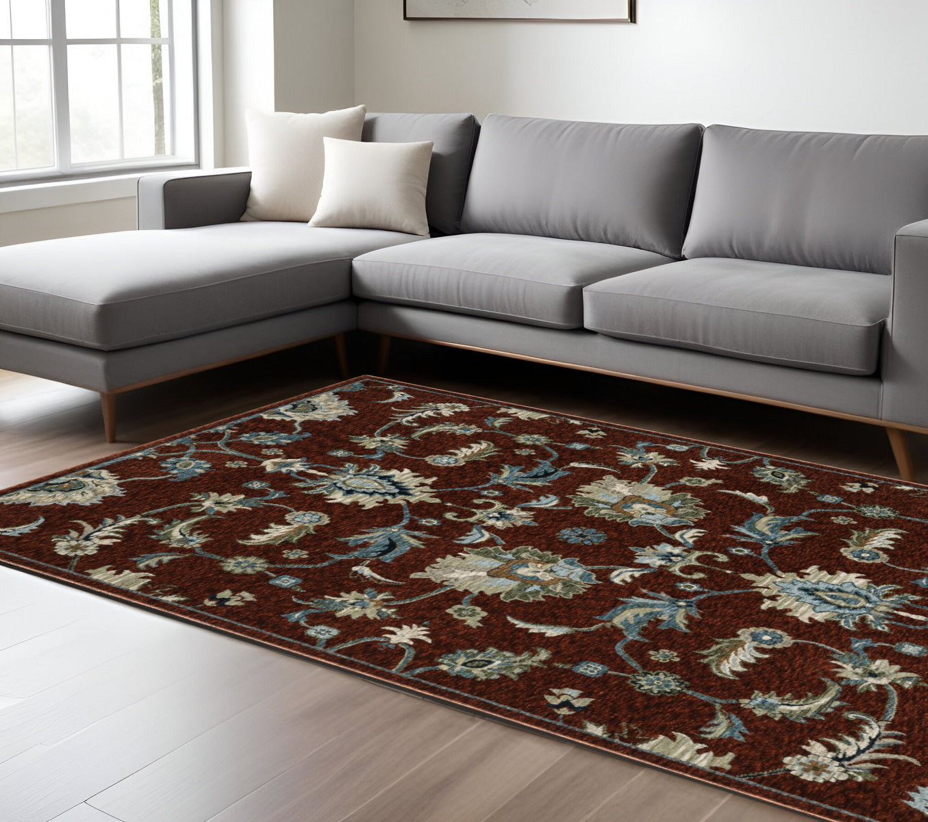7' X 10' Red Ivory And Teal Oriental Area Rug With Fringe