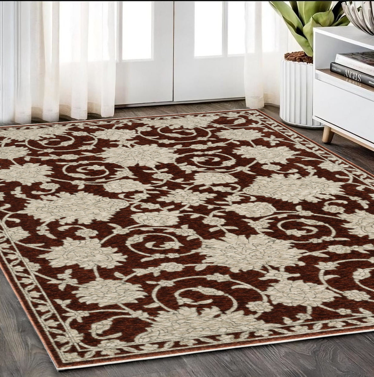 5' X 8' Beige Floral Area Rug With Fringe