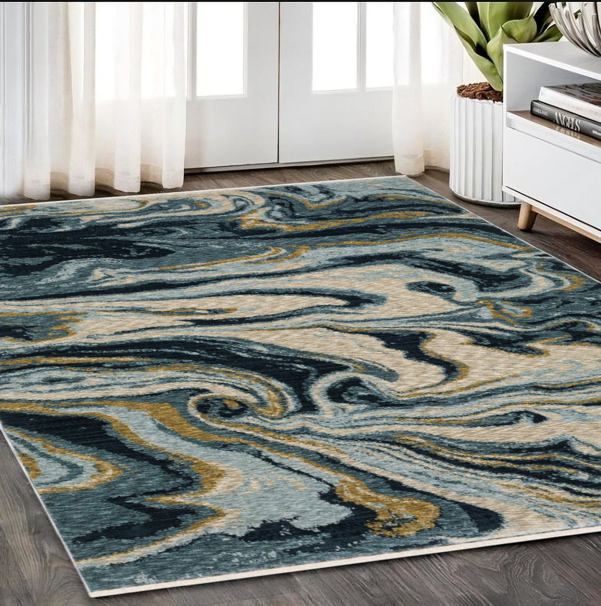 5' X 8' Navy Blue And Teal Abstract Area Rug With Fringe