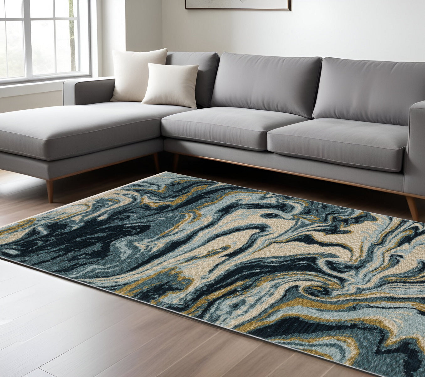 10' X 13' Navy Blue And Teal Abstract Area Rug With Fringe