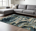 8' X 11' Navy Blue And Teal Abstract Area Rug With Fringe