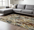 7' X 10' Beige Rust And Light Blue Abstract Distressed Area Rug With Fringe