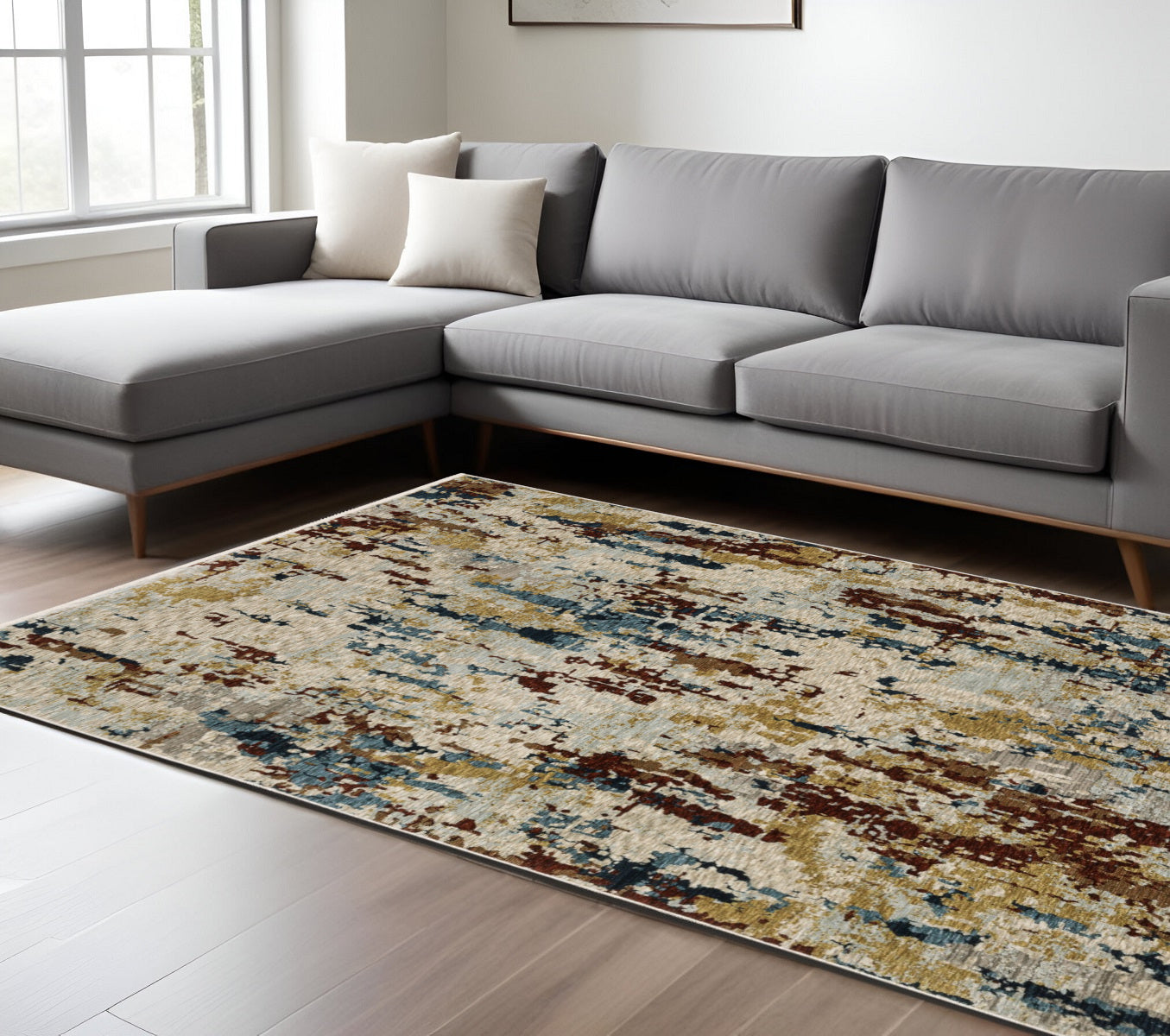 7' X 10' Beige Rust And Light Blue Abstract Distressed Area Rug With Fringe