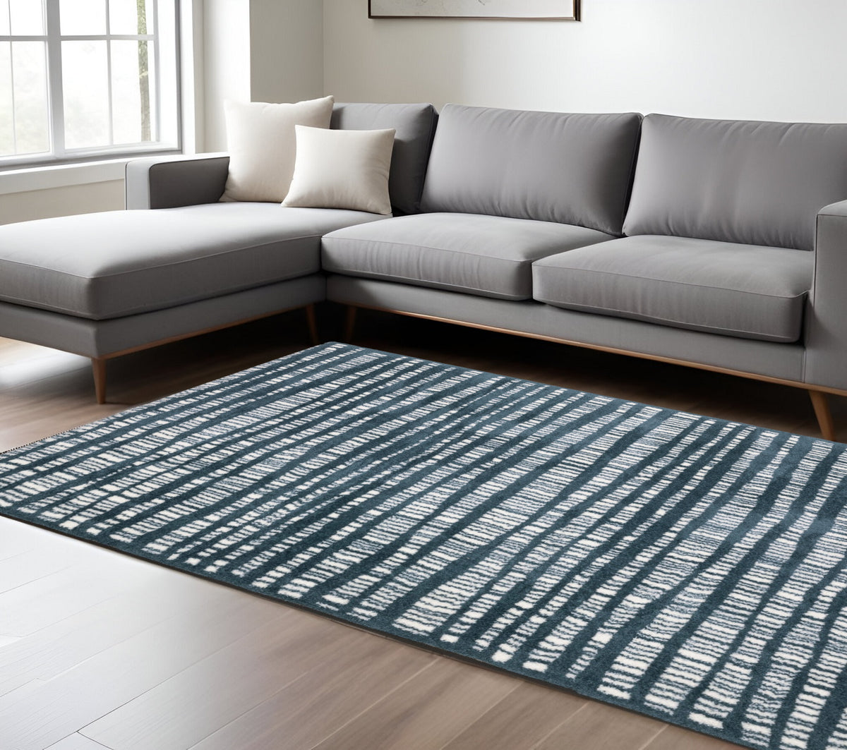 8' X 11' Teal And Ivory Striped Distressed Area Rug