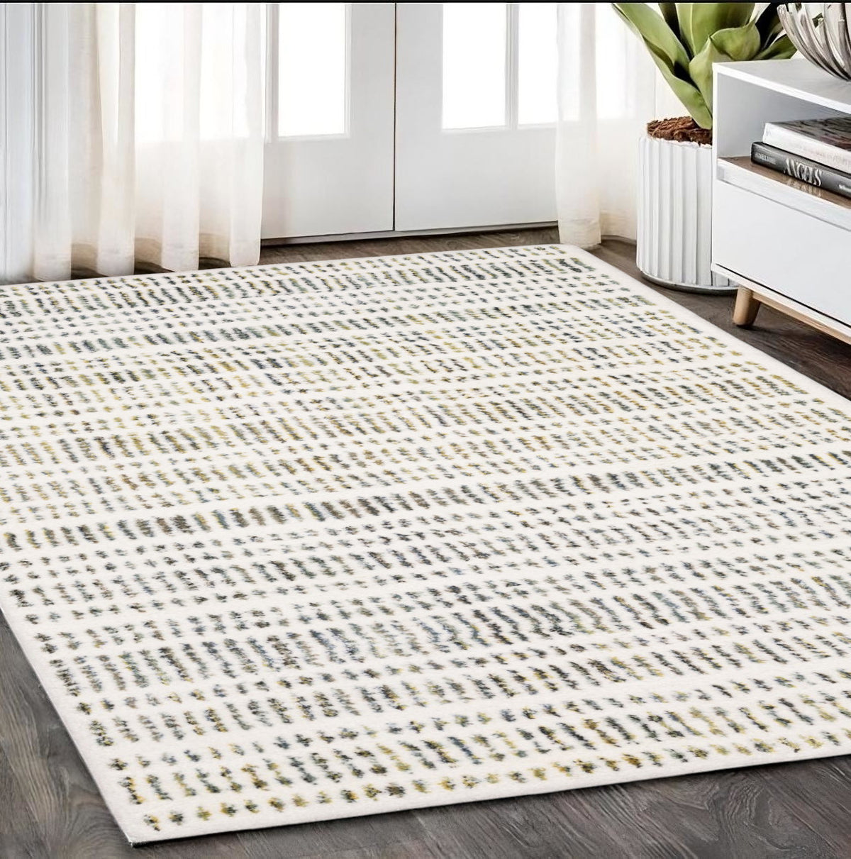 5' X 8' Ivory Gold And Gray Striped Area Rug