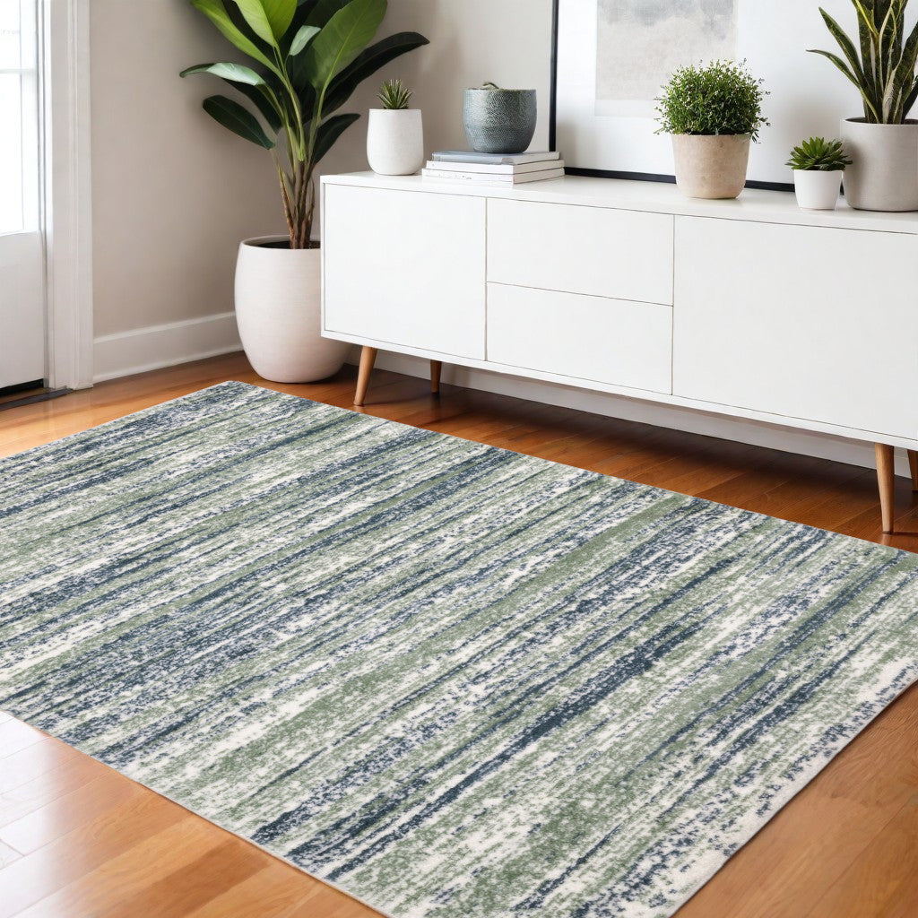 4' X 6' Blue And Green Striped Distressed Area Rug
