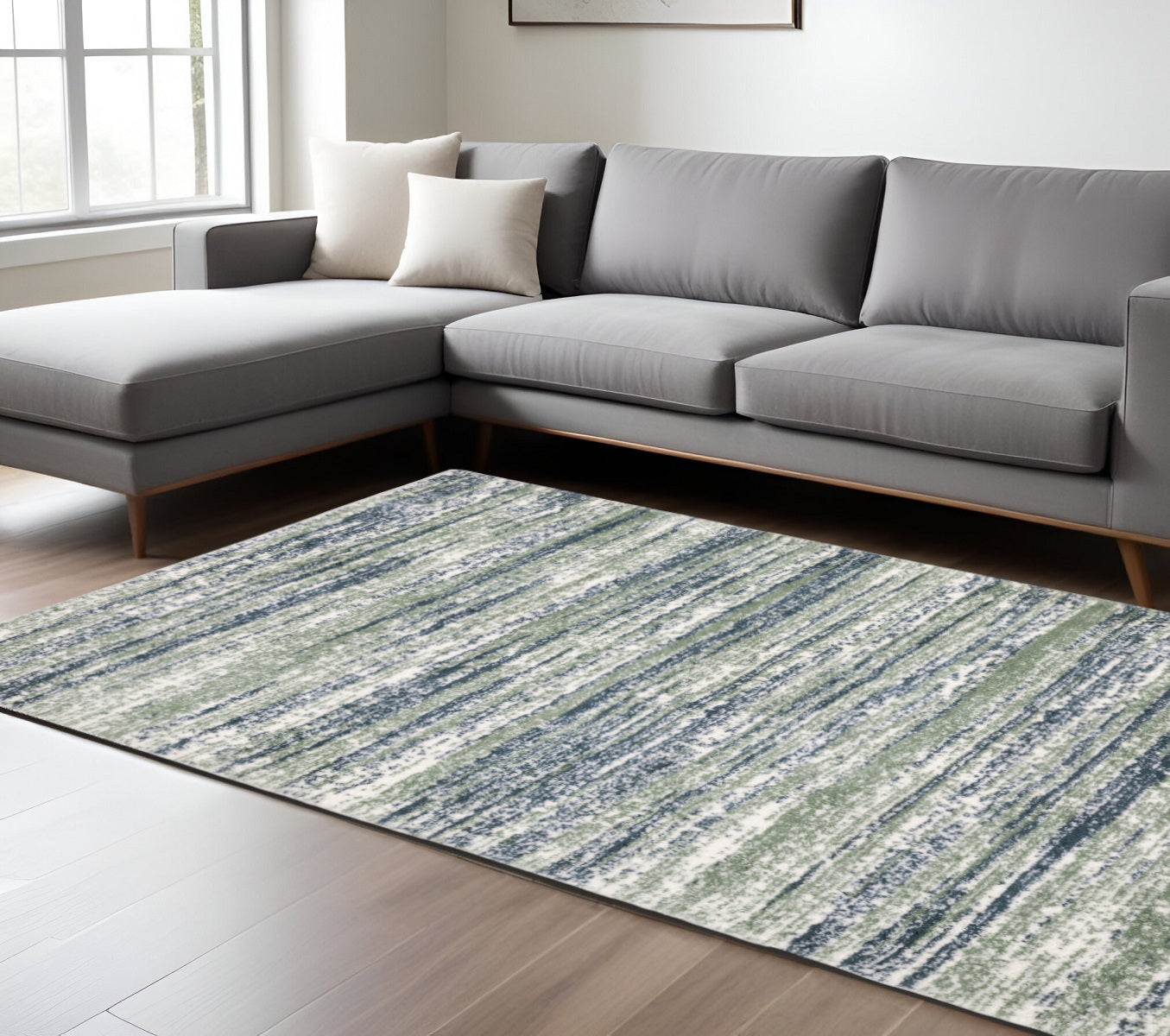 7' X 10' Blue And Green Striped Distressed Area Rug