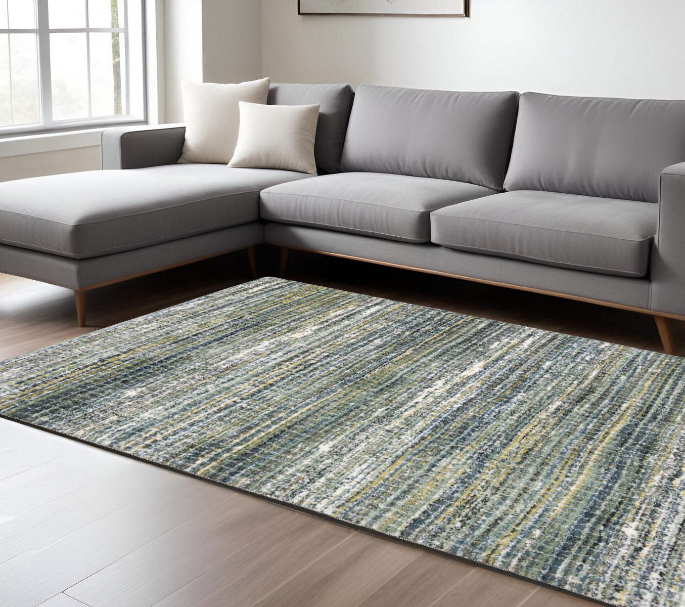 7' X 10' Green And Blue Geometric Distressed Area Rug