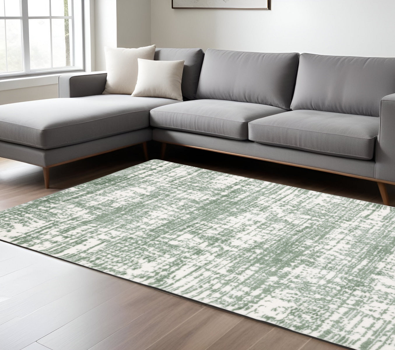10' X 13' Green And Ivory Abstract Area Rug